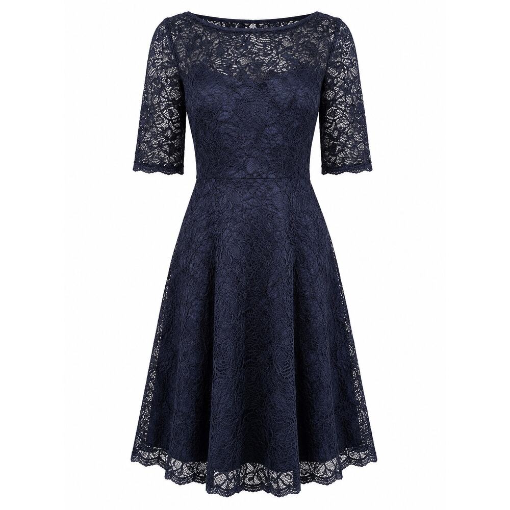David’s Bridal Navy Blue Lace Fit & Flare Cocktail Dress Size 6 Wedding Guest